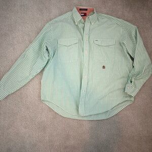 Vintage Men’s Tommy Hilfiger Button Down Mint and White Striped Shirt Size L